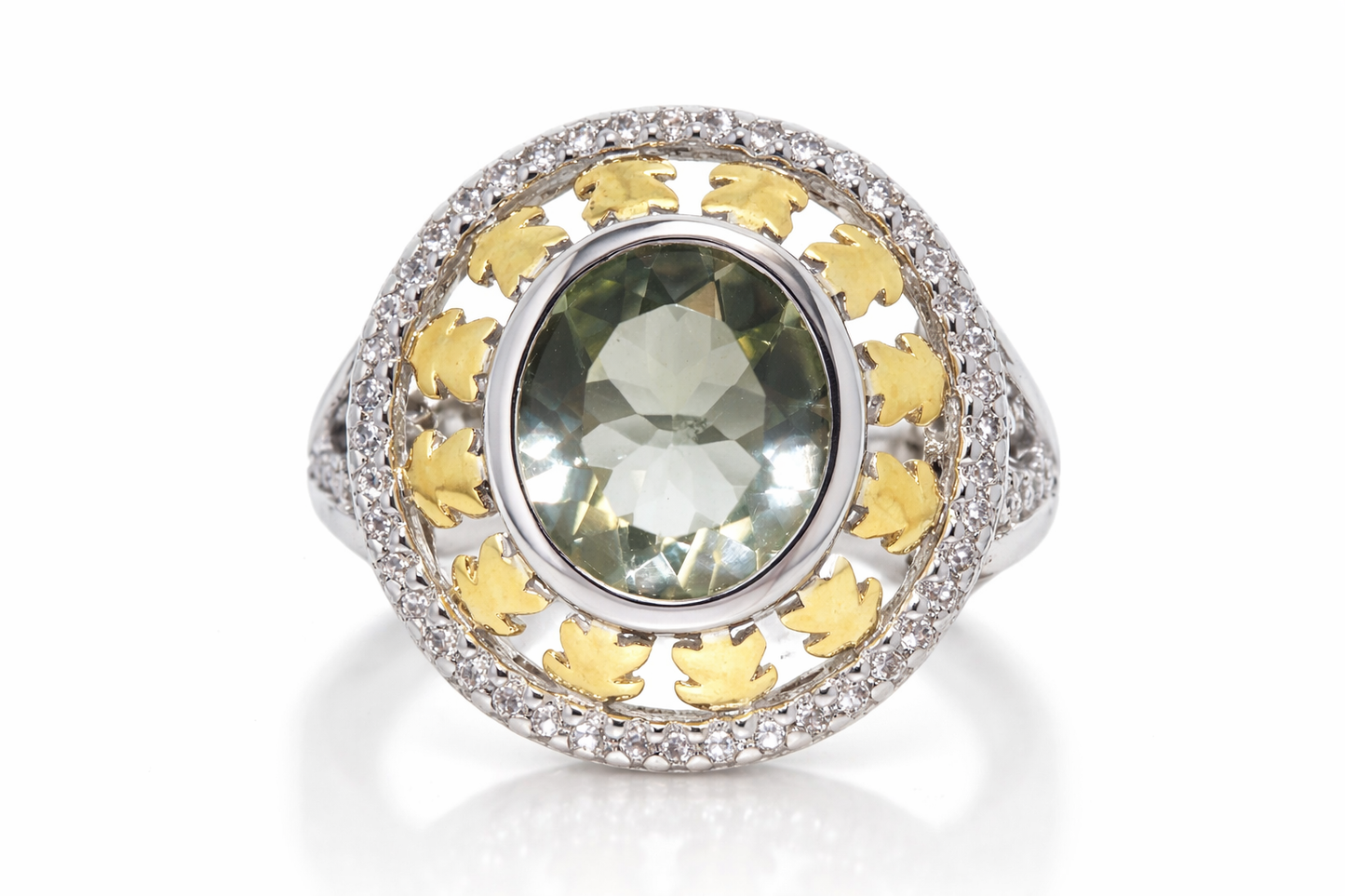 .925 Sterling Silver / Green Amethyst ( Prasiolite ) White Zircon Ring .