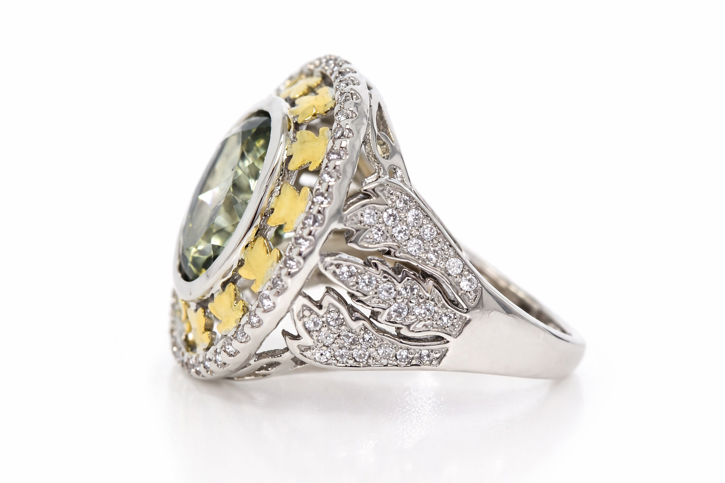 .925 Sterling Silver / Green Amethyst ( Prasiolite ) White Zircon Ring .