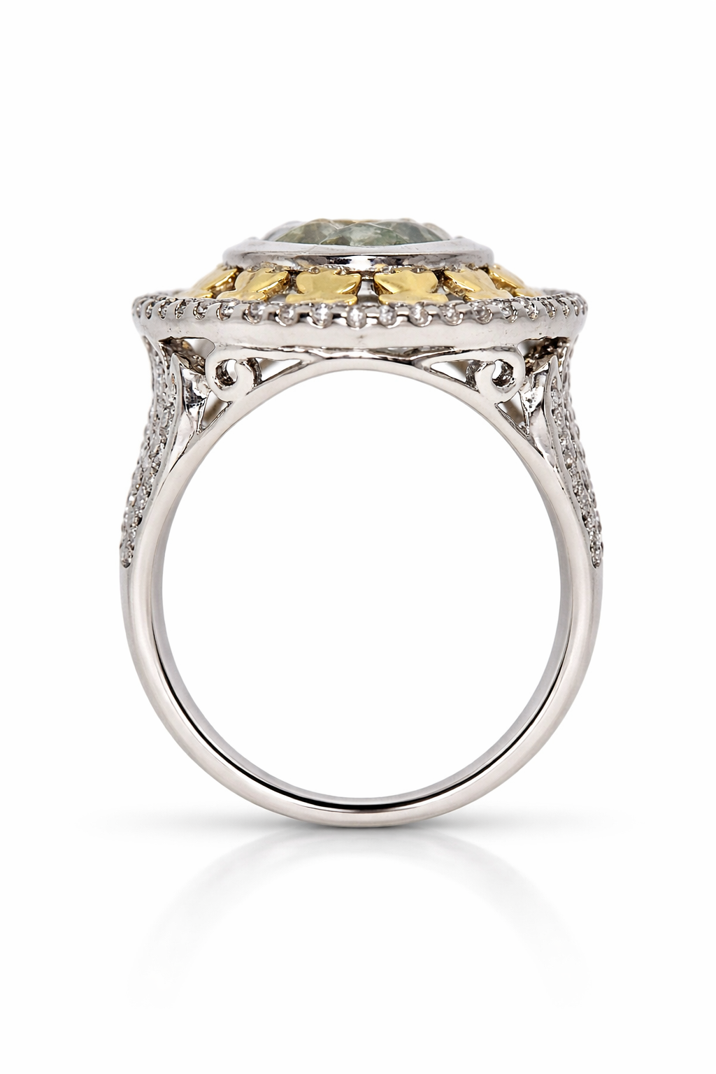 .925 Sterling Silver / Green Amethyst ( Prasiolite ) White Zircon Ring .
