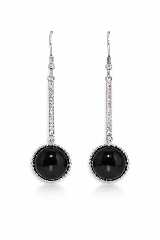 925 Sterling Silver Black Onyx - White Topaz Earring- 9DOT74 cts