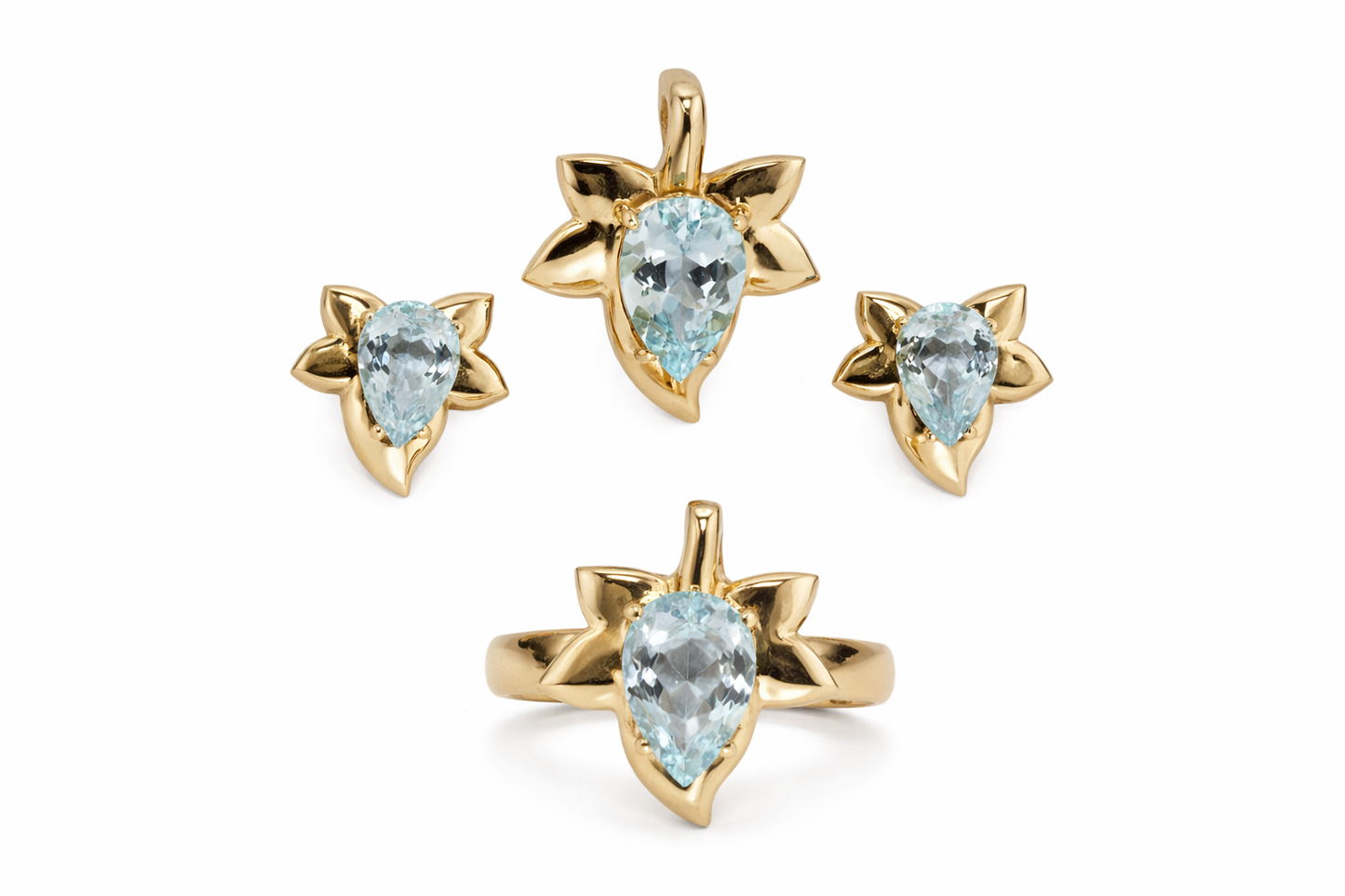 14 Kt Yellow Gold Aquamarine Earring - Ring - Pendant Set-8DOT50 cts