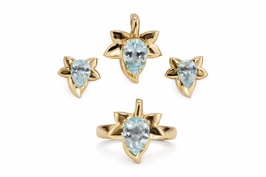 14 Kt Yellow Gold Aquamarine Earring - Ring - Pendant Set-8DOT50 cts