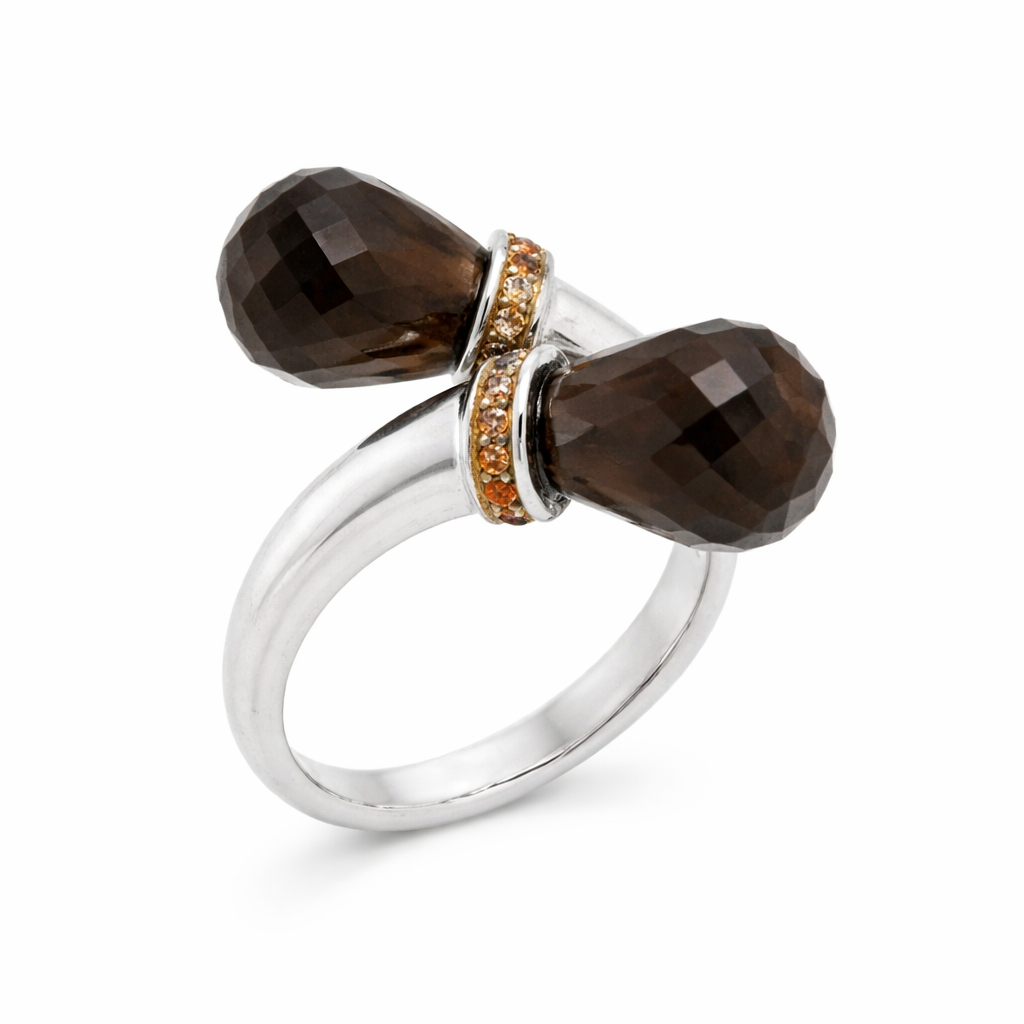 925 Sterling Silver /Smokey Quartz / Orange Sapphire Ring .