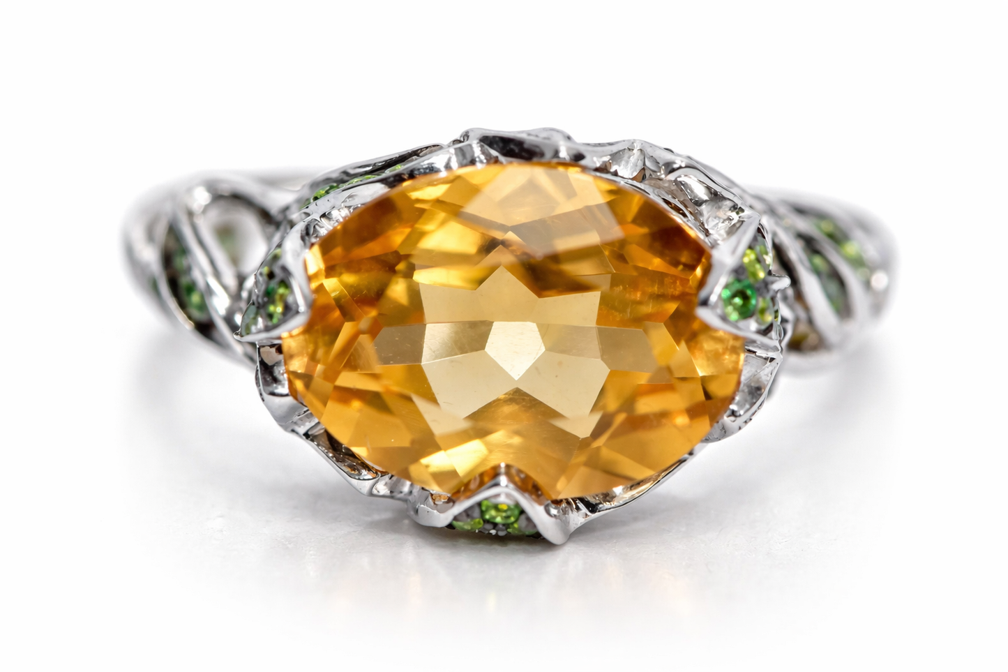 .925 Sterling Silver / Citrine / Chrome Diopside Ring .