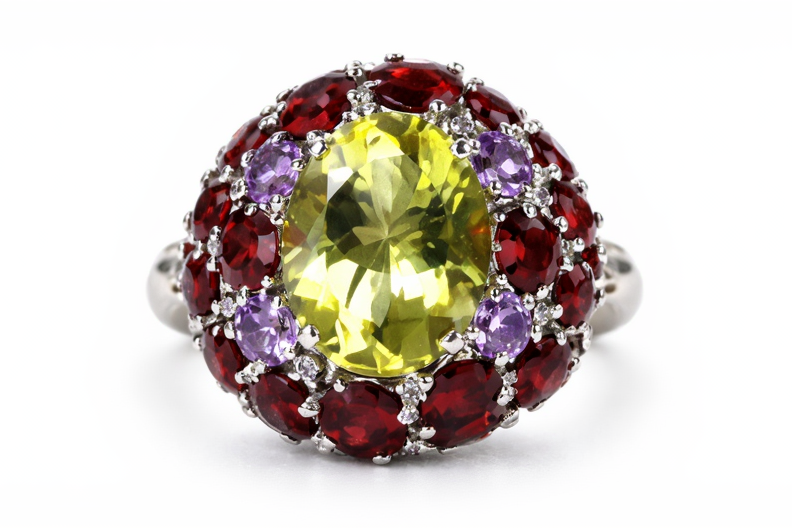 Lemon Quartz- Garnet- Amethyst- White Topaz Ring