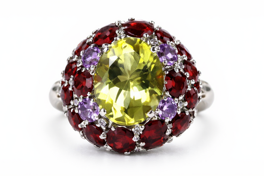 Lemon Quartz- Garnet- Amethyst- White Topaz Ring
