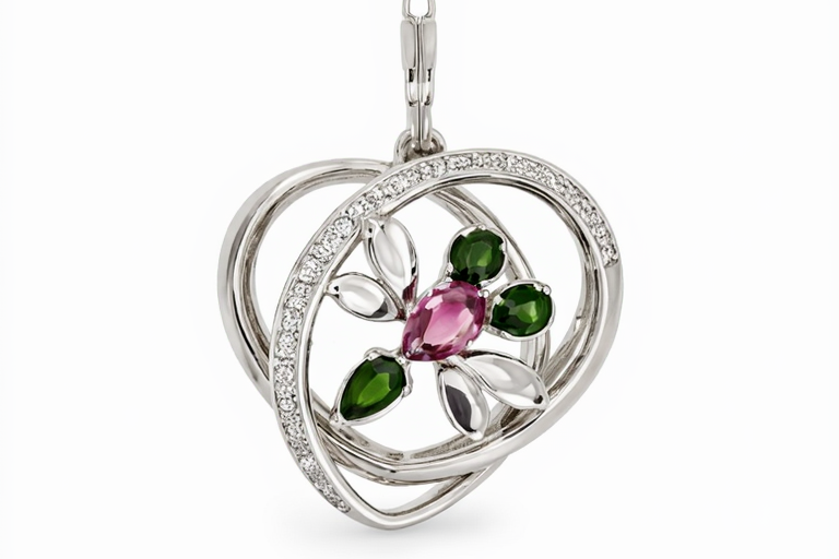 925 Green - Pink Tourmaline w - White Topaz Butterfly Pendant- 1.11 cts