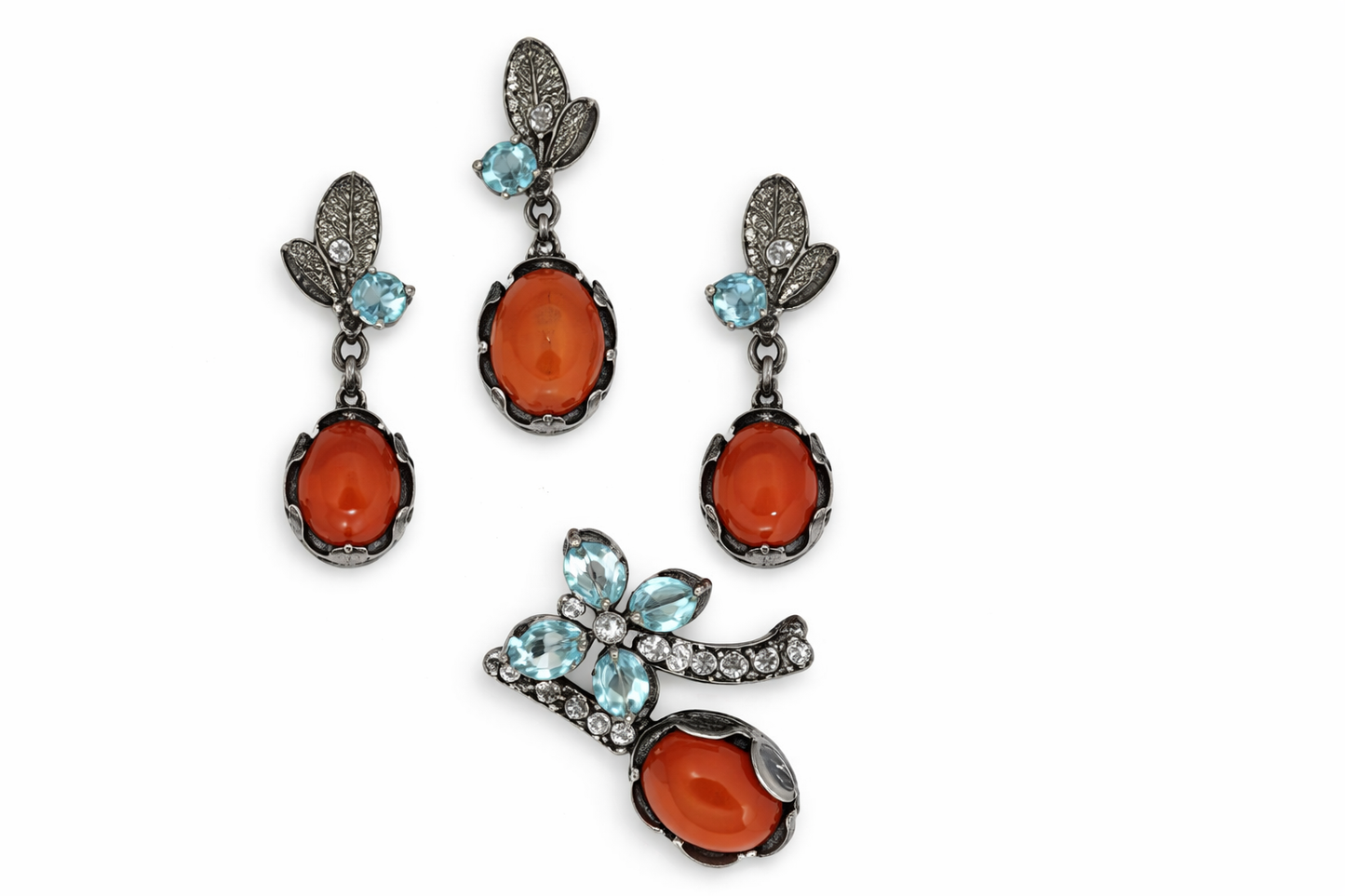 925 Orange Chalcedony - Blue Topaz - White Topaz Set - 16.67 cts