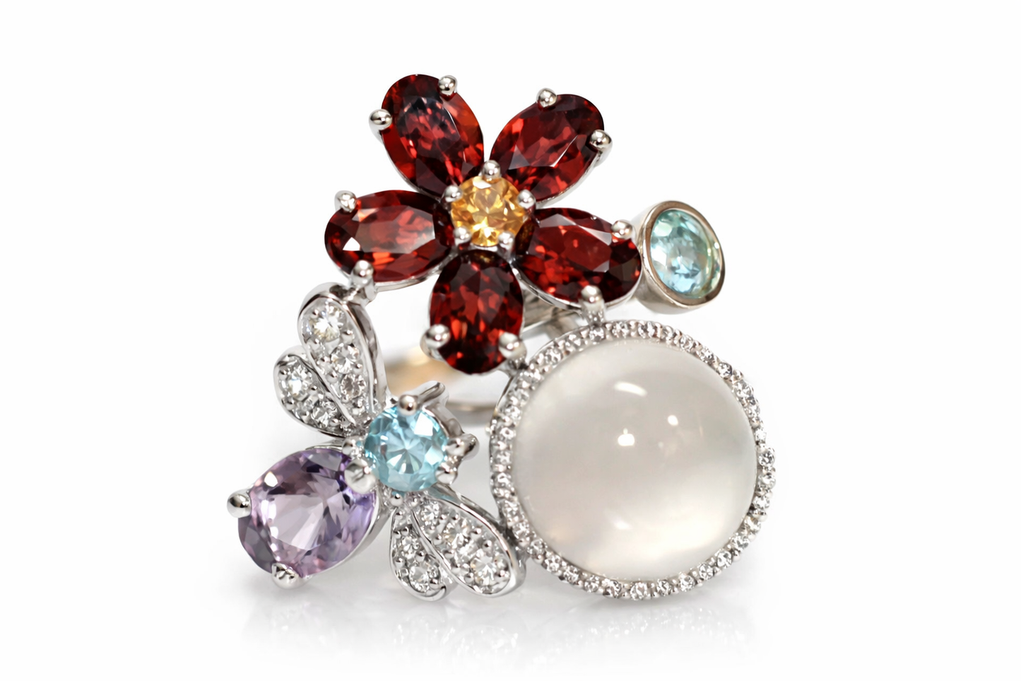 Excellent Design Garnet- Ame- BT- Moonstone-Citrine- White Topaz Ring
