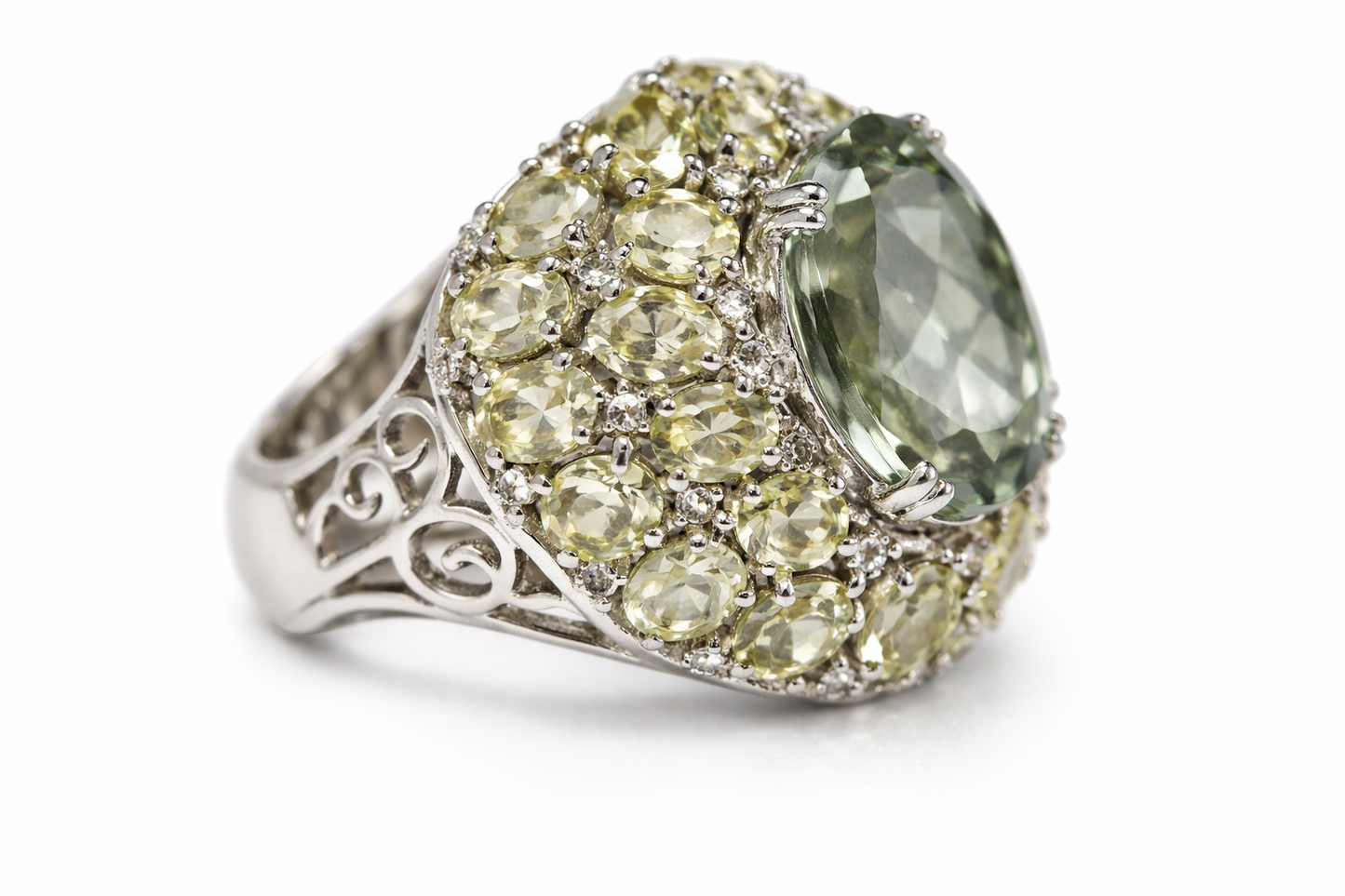 Green Amethyst - Lemon Quartz - White Topaz Ring