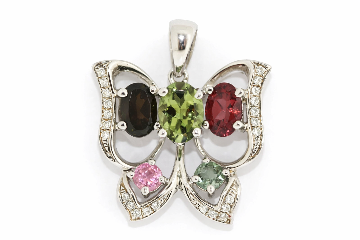 925 Sterling Silver Colors of Tourmaline Butterfly/White Topaz Pendant(2.21 cts)