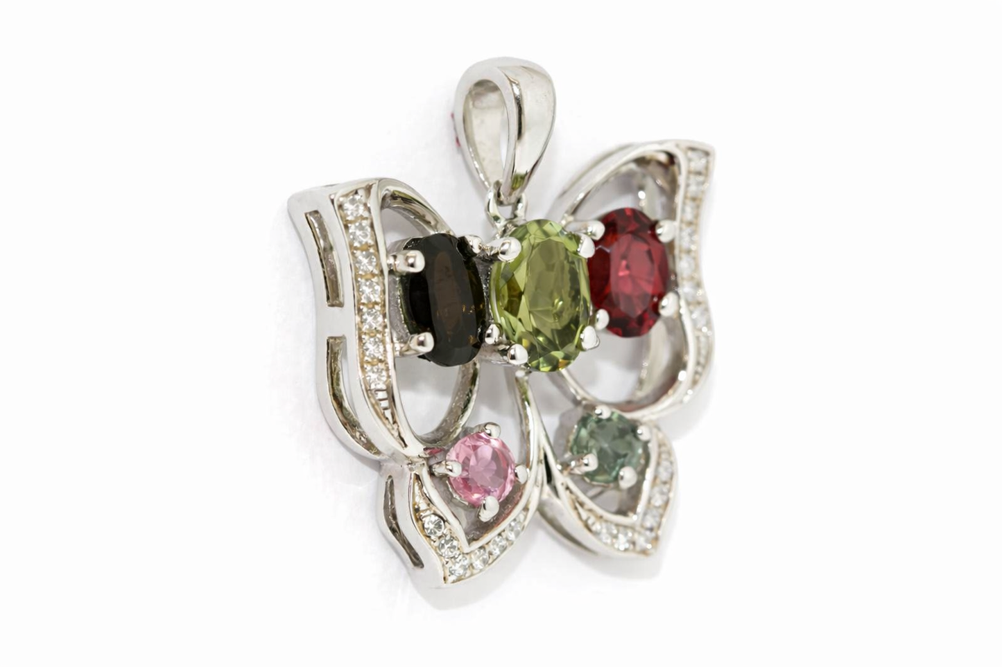 925 Sterling Silver Colors of Tourmaline Butterfly/White Topaz Pendant(2.21 cts)