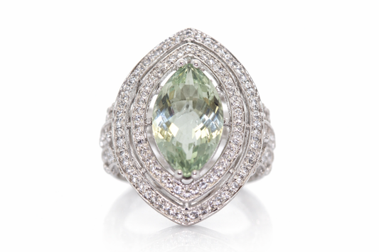 .925 Sterling Silver / Green Amethyst / White Topaz Ring .