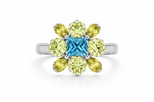 925 Yellow - Blue Cubic Zirconia Ring - 5DOT50 cts