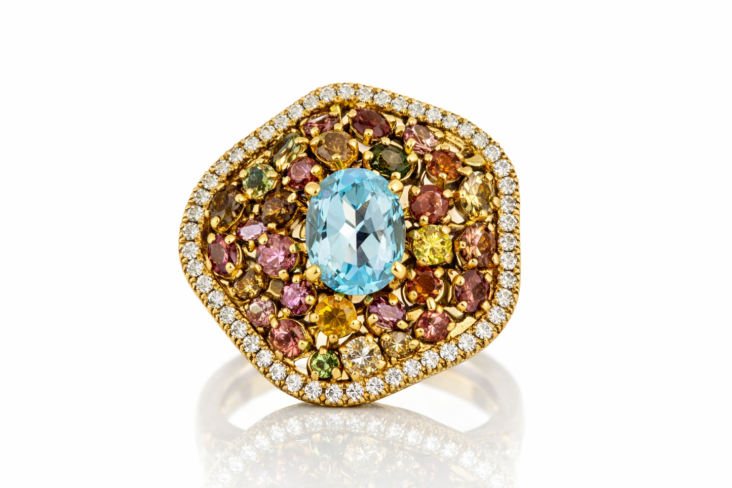 925 Yellow Vermeil Blue Topaz, White Topaz & Multicolor Tourmaline Ring