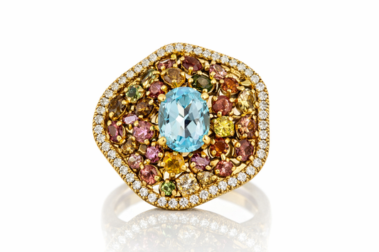 925 Yellow Vermeil Blue Topaz, White Topaz & Multicolor Tourmaline Ring
