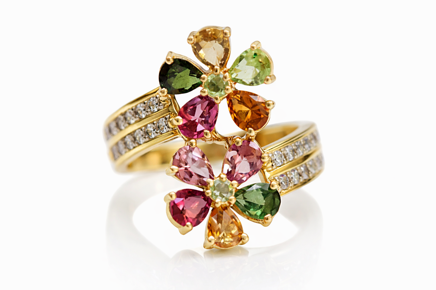 .925 Yellow Vermiel - Multicolor Tourmaline - White Topaz Flower Ring.