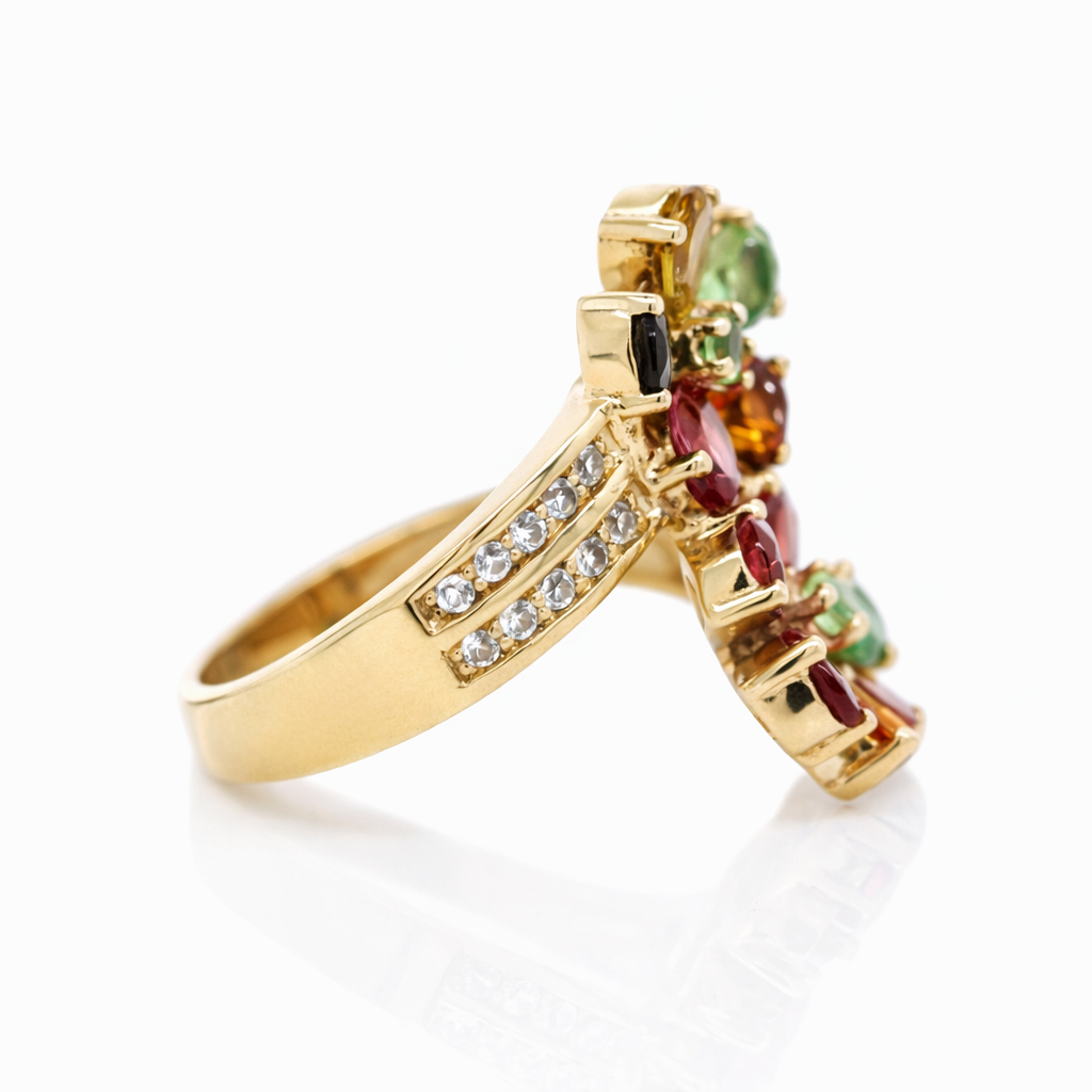 .925 Yellow Vermiel - Multicolor Tourmaline - White Topaz Flower Ring.