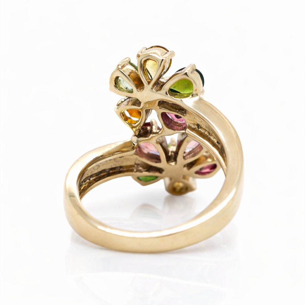 .925 Yellow Vermiel - Multicolor Tourmaline - White Topaz Flower Ring.