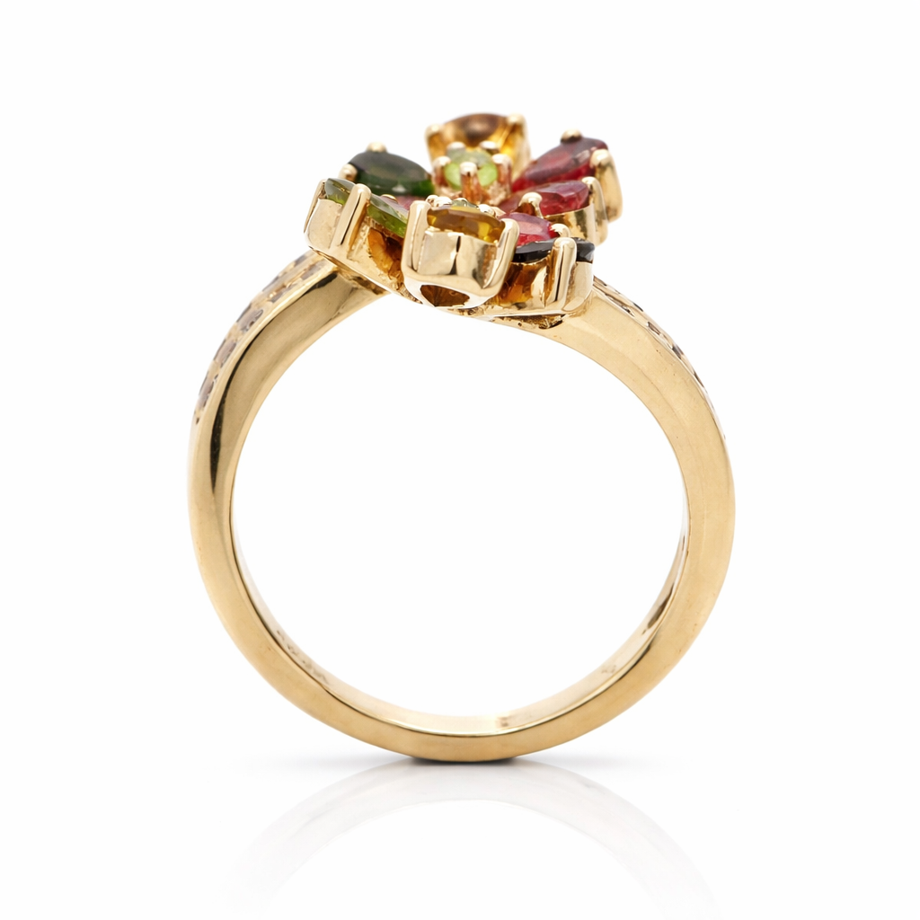 .925 Yellow Vermiel - Multicolor Tourmaline - White Topaz Flower Ring.