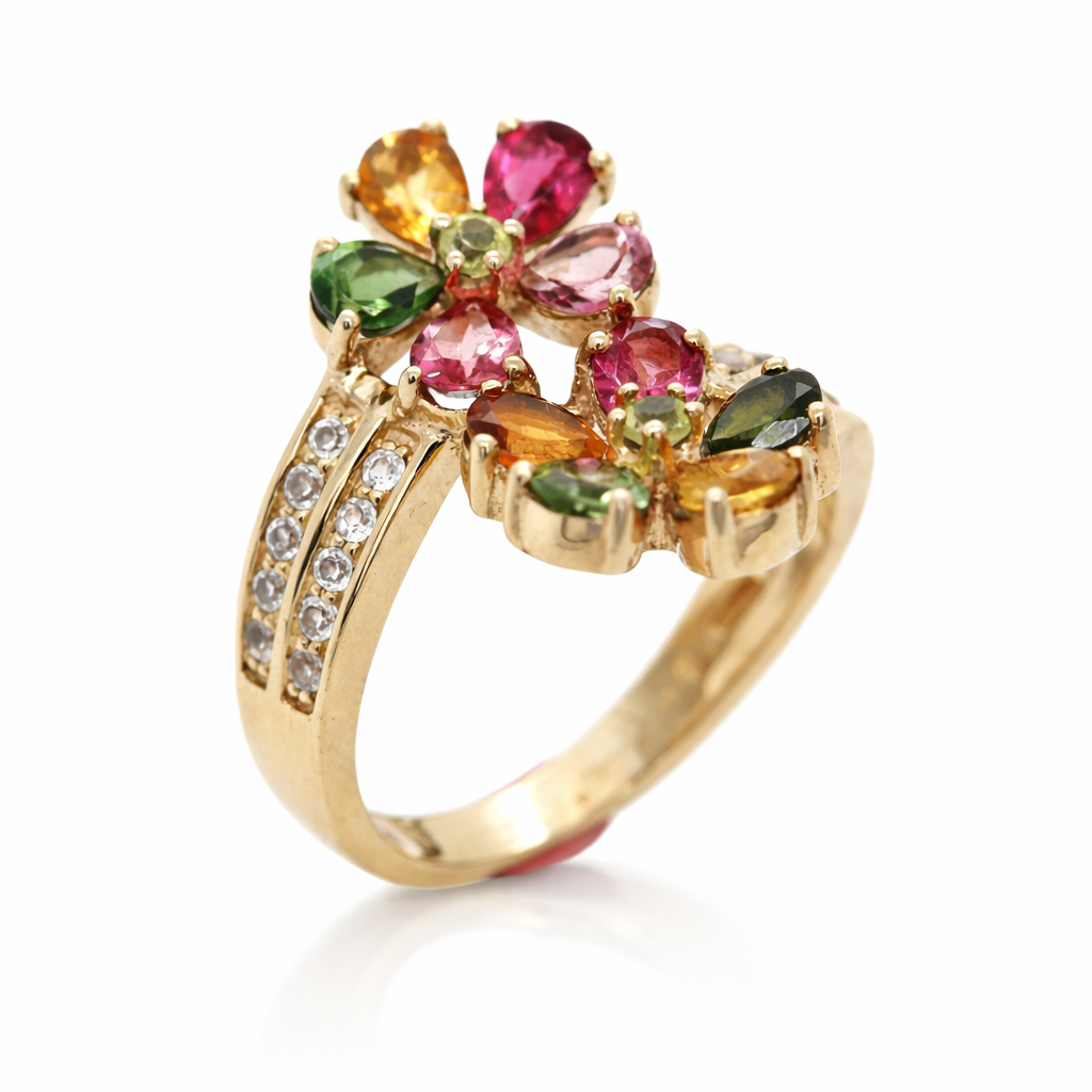 .925 Yellow Vermiel - Multicolor Tourmaline - White Topaz Flower Ring.