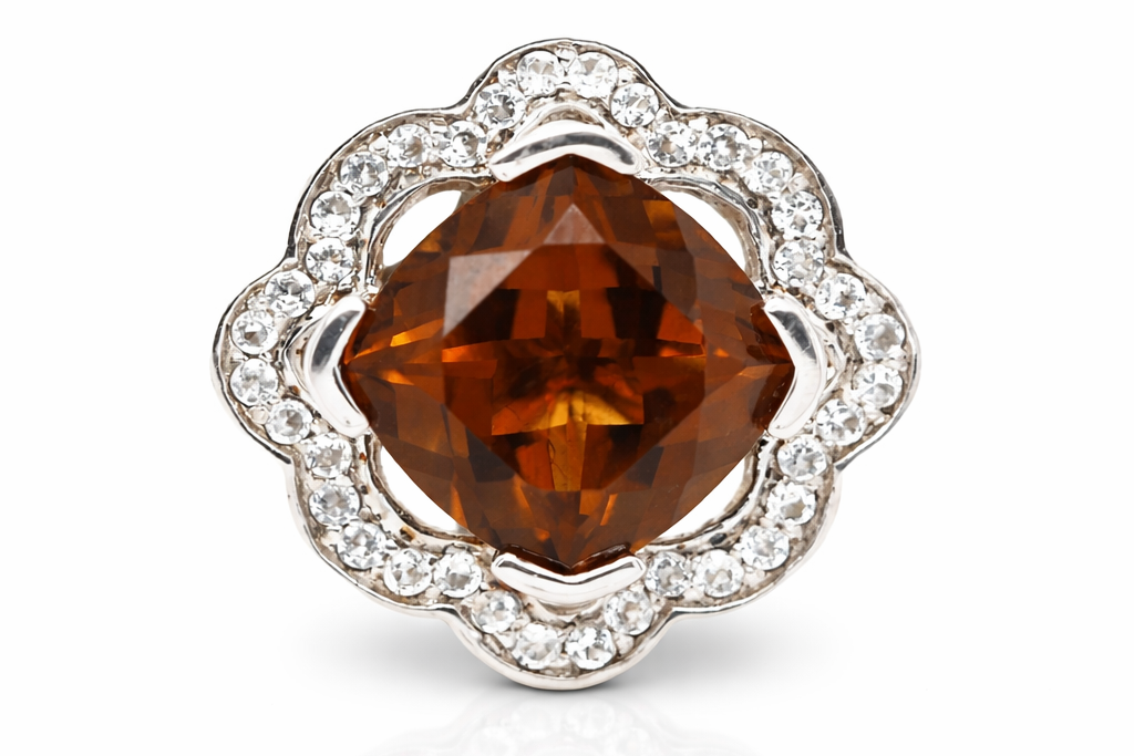 925 Sterling Silver Cognac Quartz / White Topaz Ring( 4.22 cts)