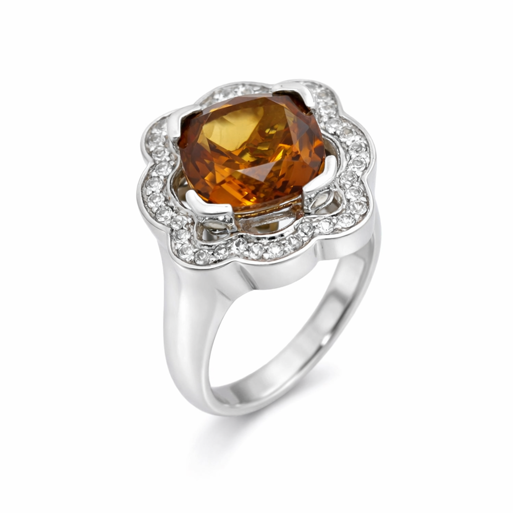 925 Sterling Silver Cognac Quartz / White Topaz Ring( 4.22 cts)