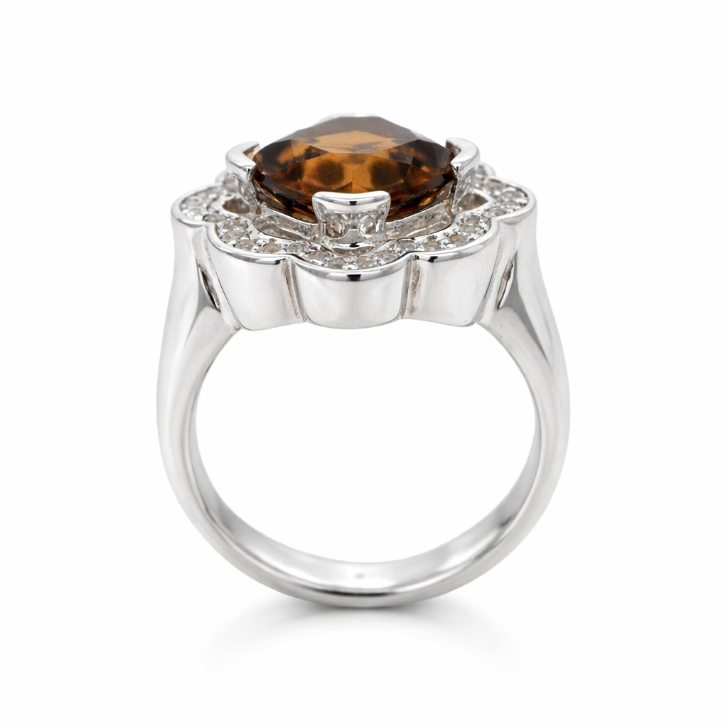925 Sterling Silver Cognac Quartz / White Topaz Ring( 4.22 cts)