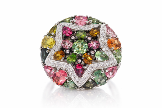 925 Sterling Silver Multicolor Tourmaline w/White Topaz Ring (7.46 cts)