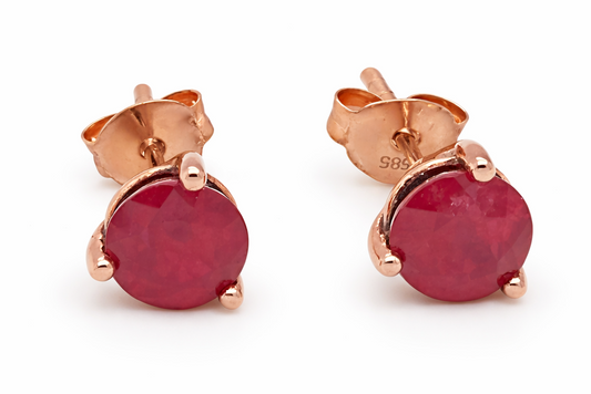 14K ROSE GOLD RUBY ROUND STUD EARRING HEAVY PUSH BACK 6MM, 2.06 CTS