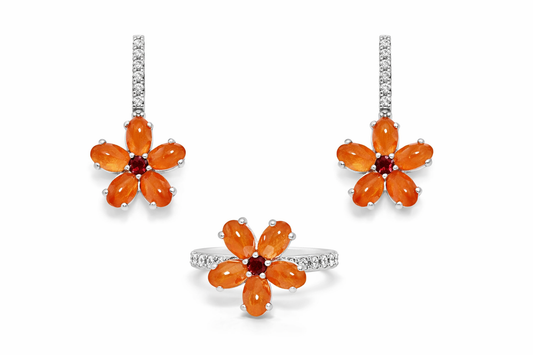 925 SS Orange Chalcedony-Garnet-White Topaz Ring,Earring Set-11.21 cts