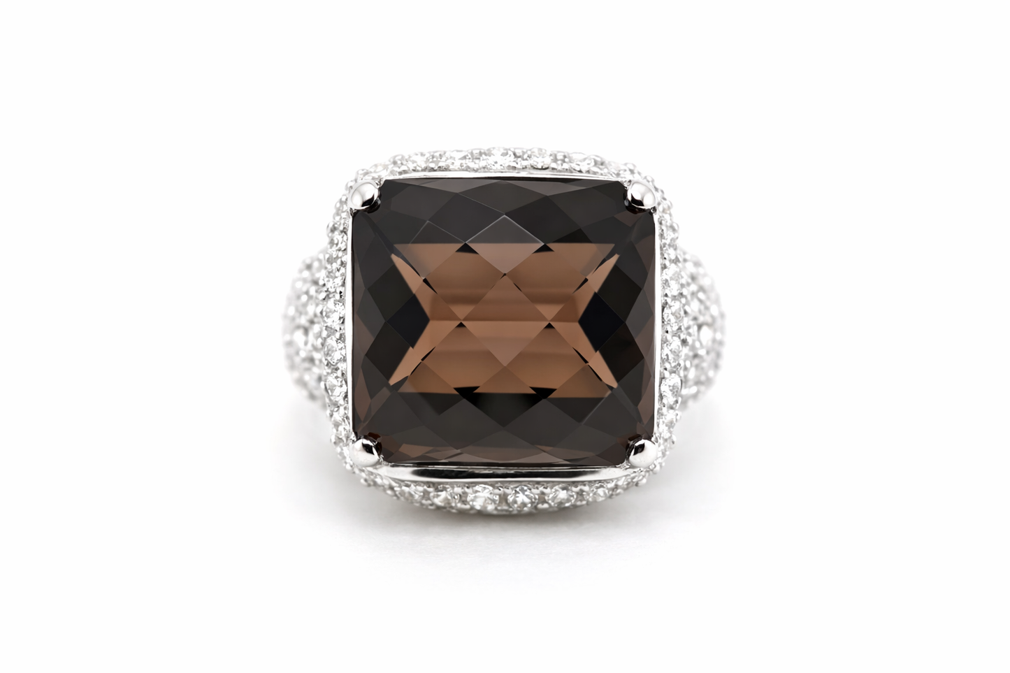 925 Sterling Silver - Smokey Quartz - White Topaz Ring.
