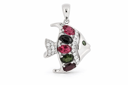 925 Multicolor Tourmaline - White Topaz Fish Pendant - 1.92 cts