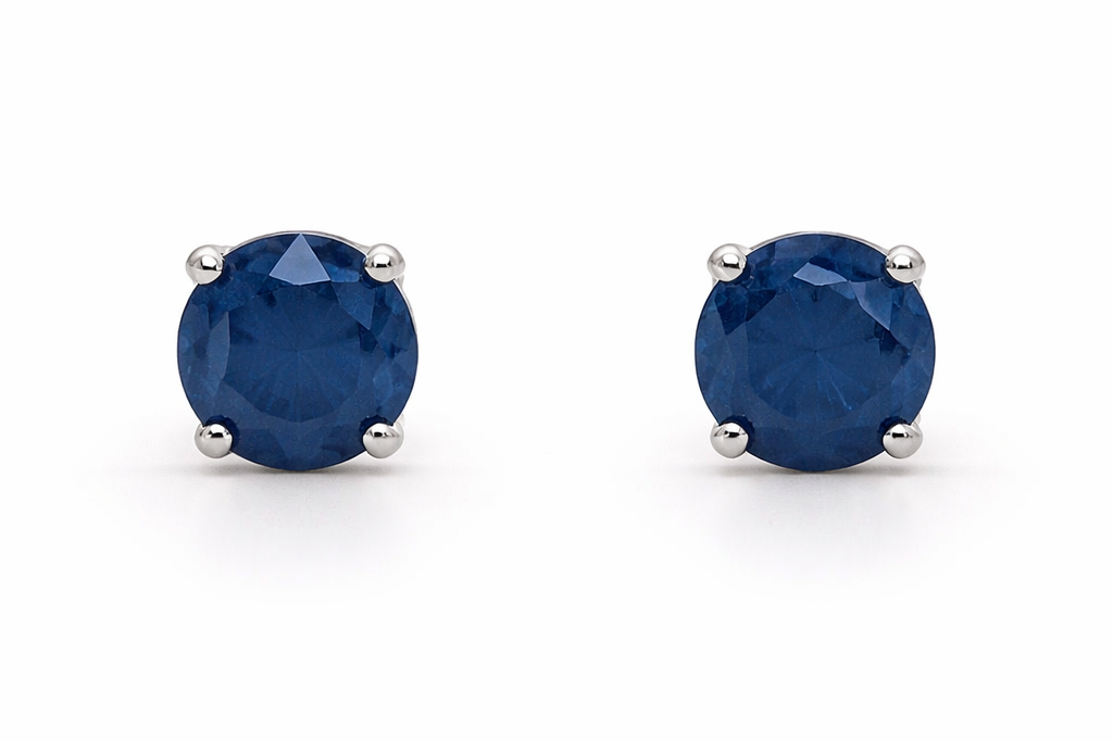 14K BLUE SAPPHIRE ROUND STUD EARRING 6MM, 1.97 CTS