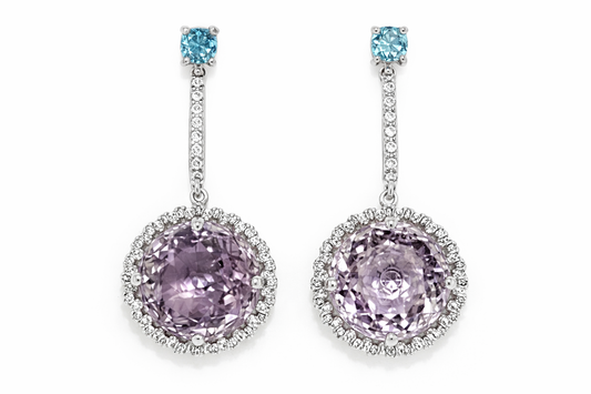 925 Sterling Silver Rose De France-Blue Topaz- White Topaz Earring-24.24 cts