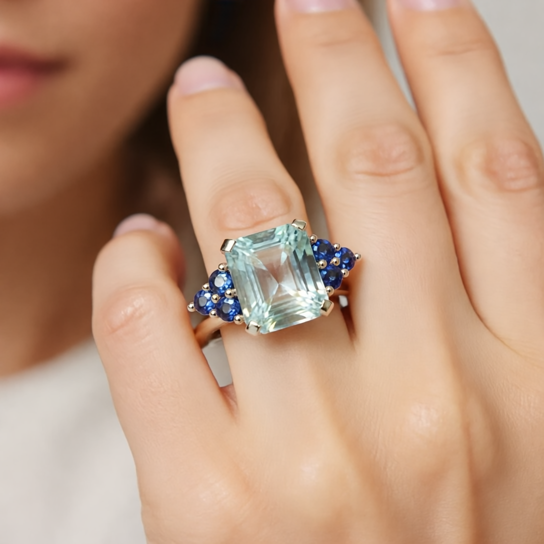 925 AQUAMARINE / SAPPHIRE RING