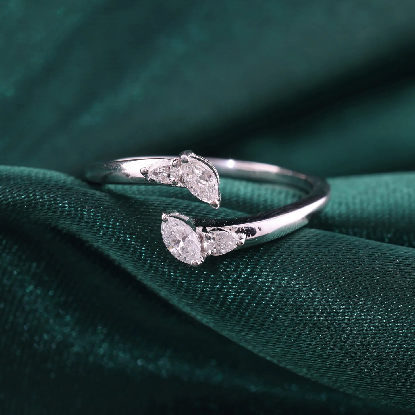 Minimalist Marquise Pear Shaped Natural Diamond Open Cuff Ring