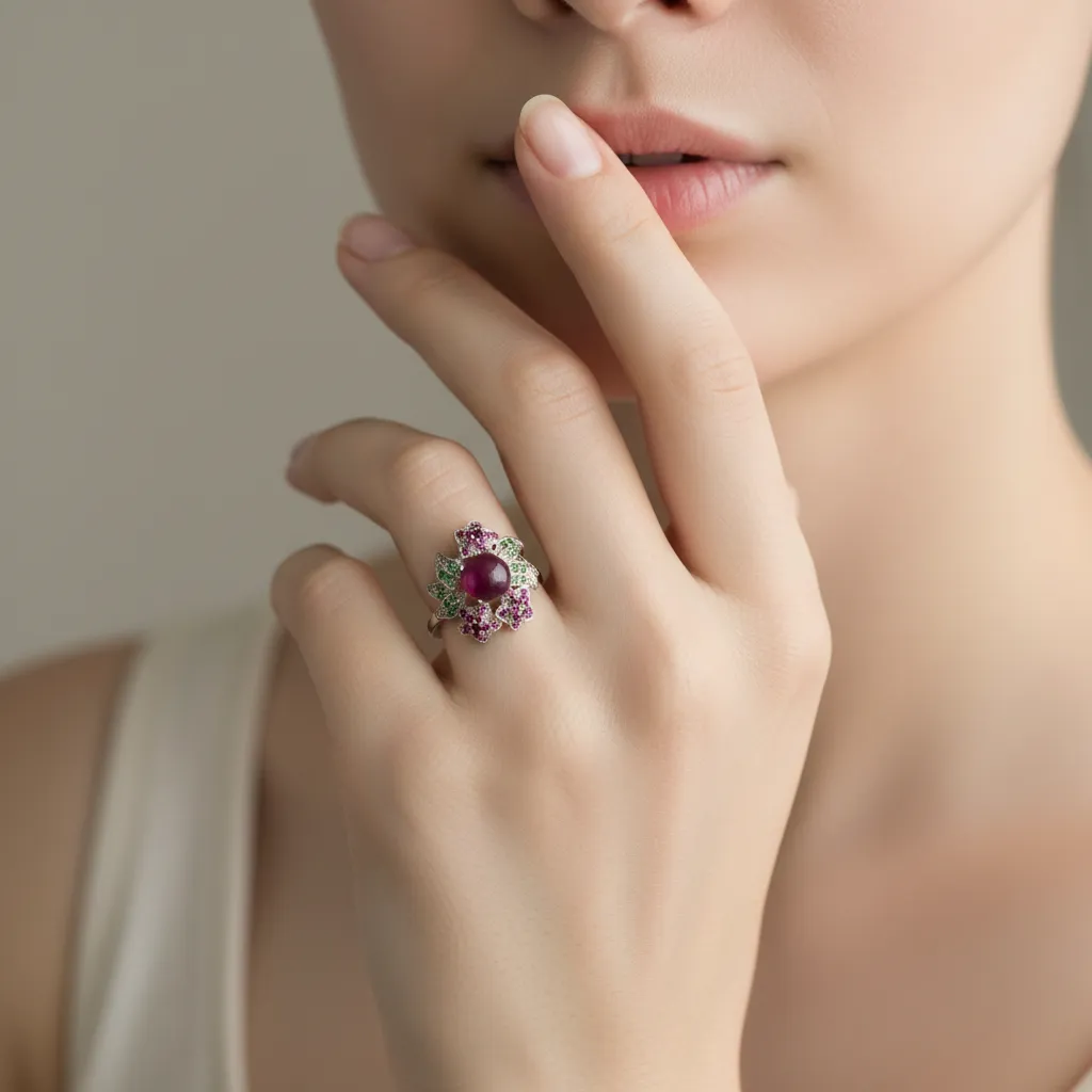 DOT925 Sterling Silver - Ruby - Emerald - Flower Ring.