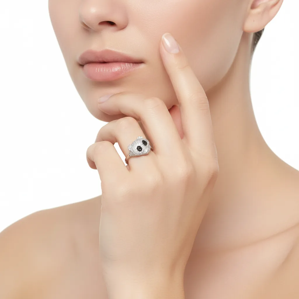 925 Black Spinel - White Topaz Panda Bear Ring -6DOT11 cts