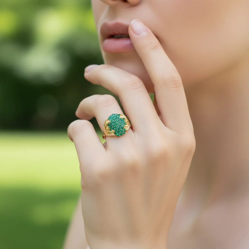 925 Yellow Vermeil w - Green Cubic Zirconia Ring