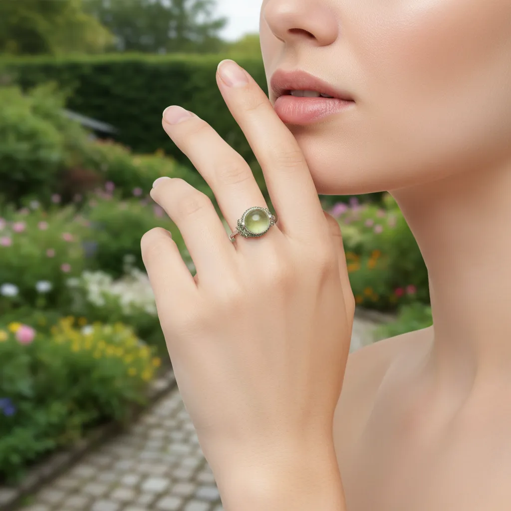 .925 Sterling Silver / Prehnite / Chrome Diopside Ring .