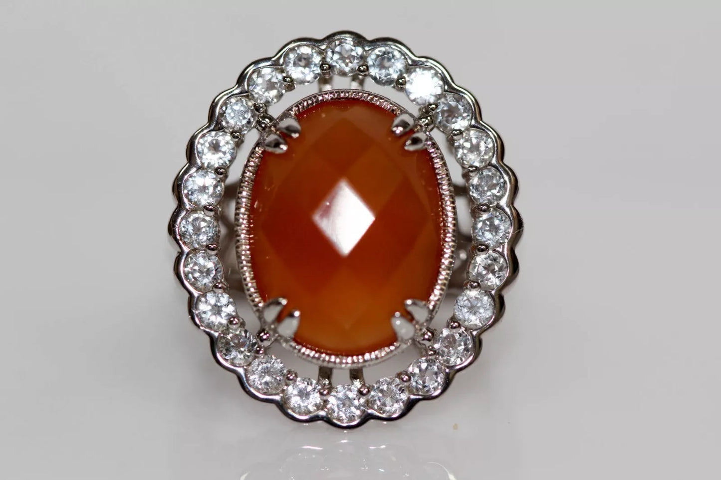 DOT925 Sterling Silver - Orange Chalcedony - White Topaz Ring DOT