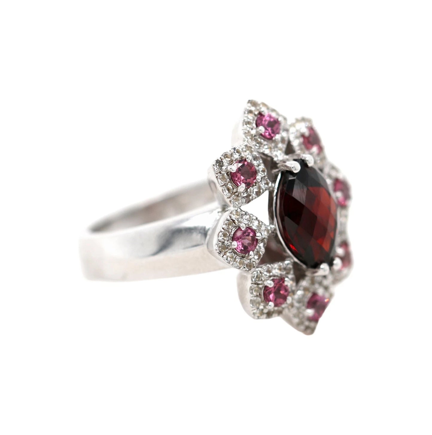 .925 Sterling Silver / Red Imperial Garnet / Rhodolite / White Topaz Ring .(4.13)