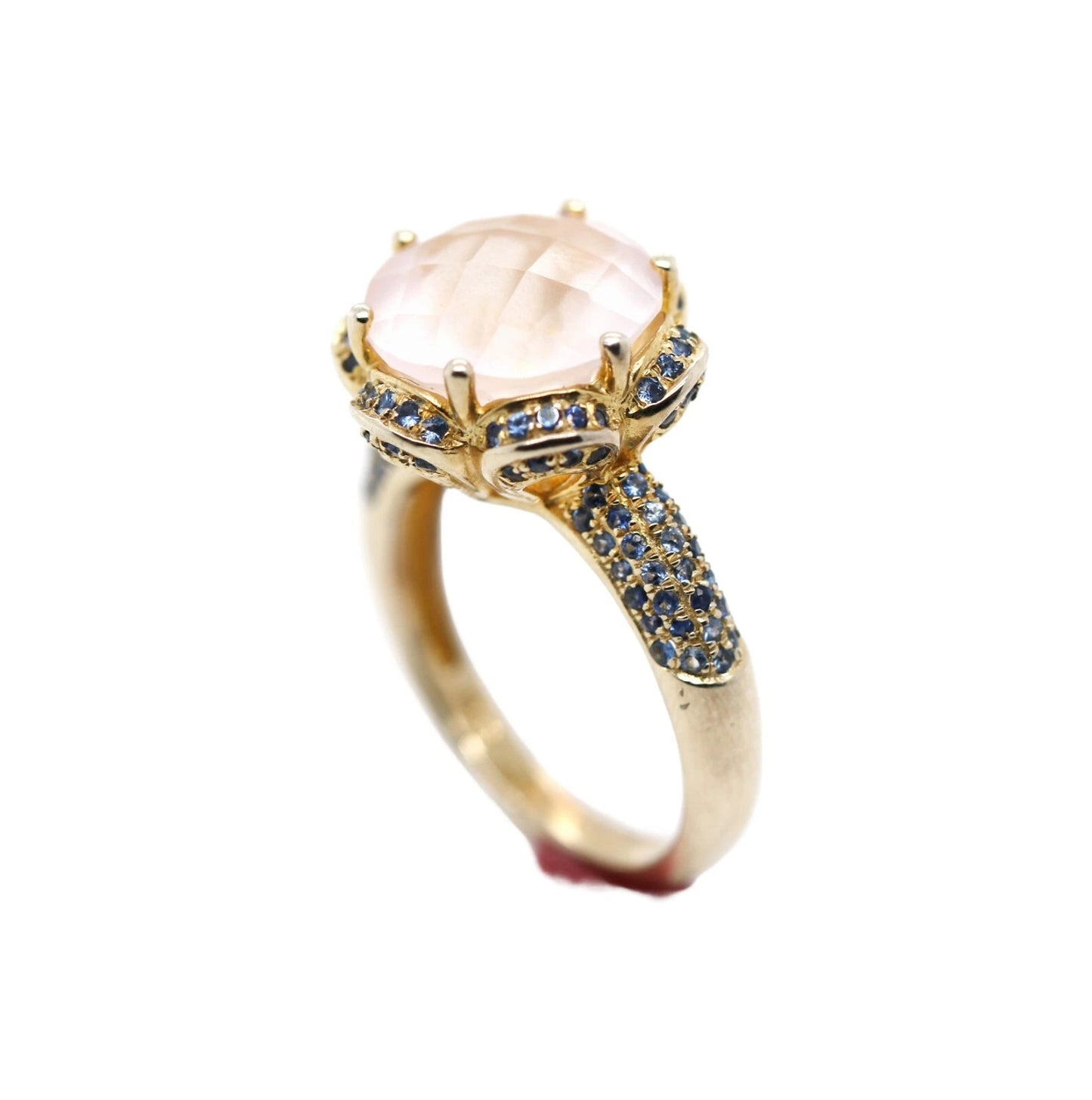 Rose Quartz- Blue Sapphire Ring Plated in Yellow Gold