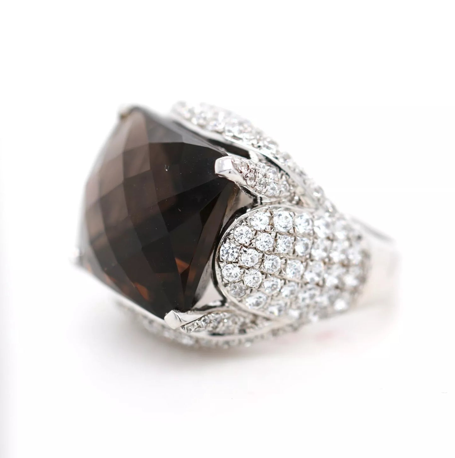 925 Sterling Silver - Smokey Quartz - White Topaz Ring DOT