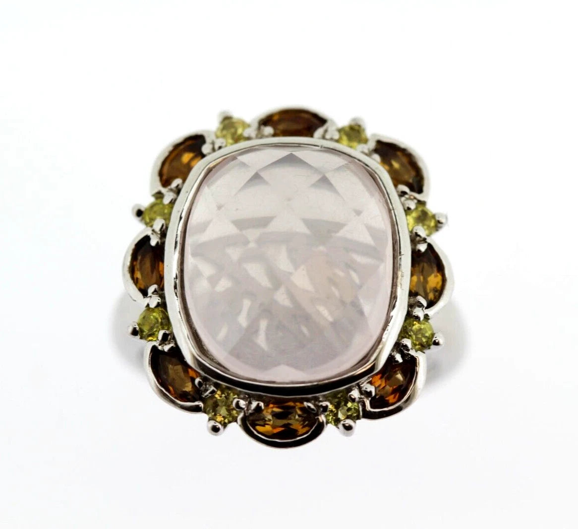 Rose Quartz- Tourmaline - Citrine Silver Ring
