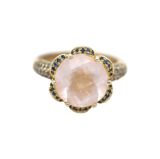 Rose Quartz- Blue Sapphire Ring Plated in Yellow Gold