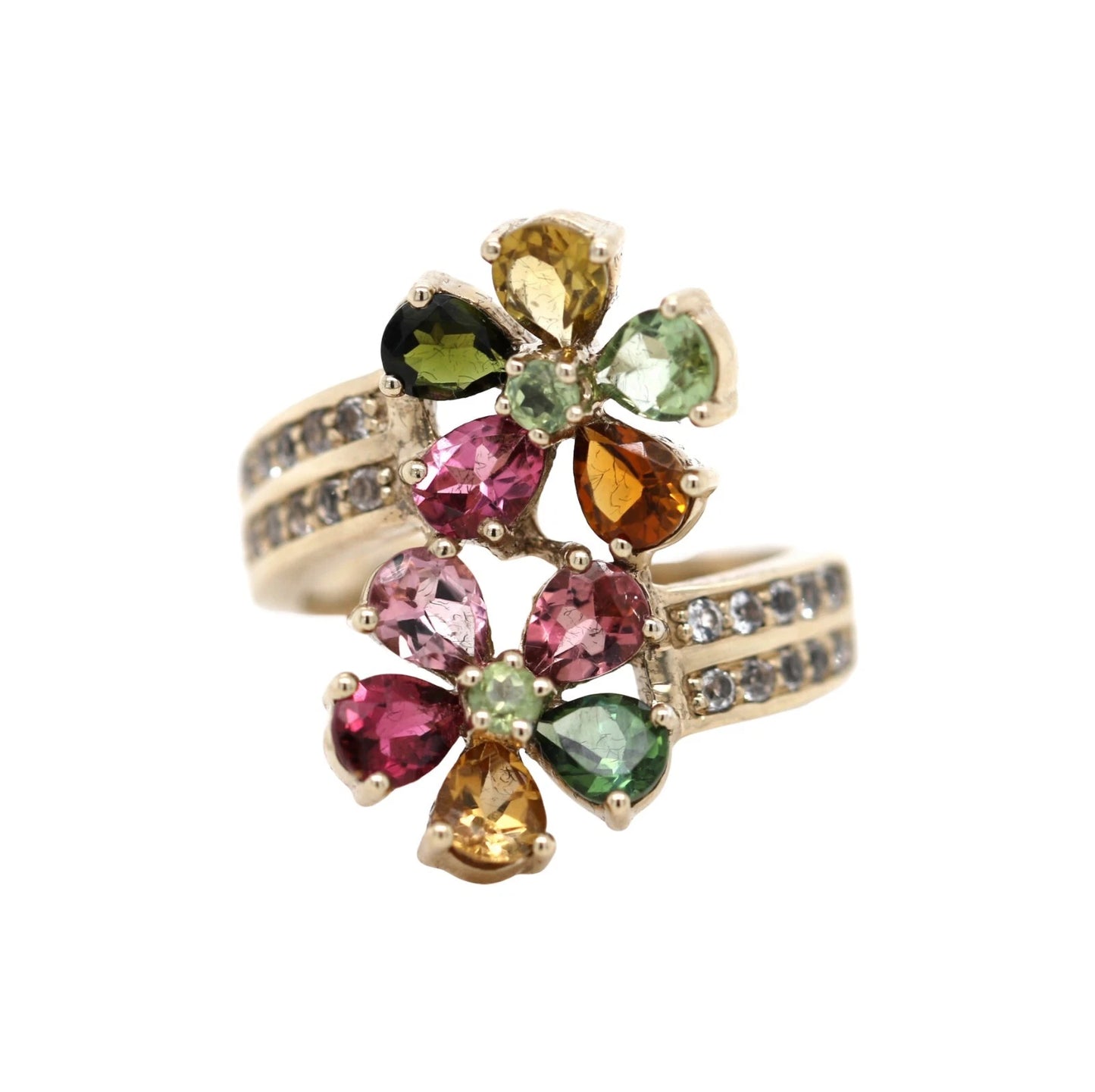 DOT925 Yellow Vermiel - Multicolor Tourmaline - White Topaz Flower Ring DOT