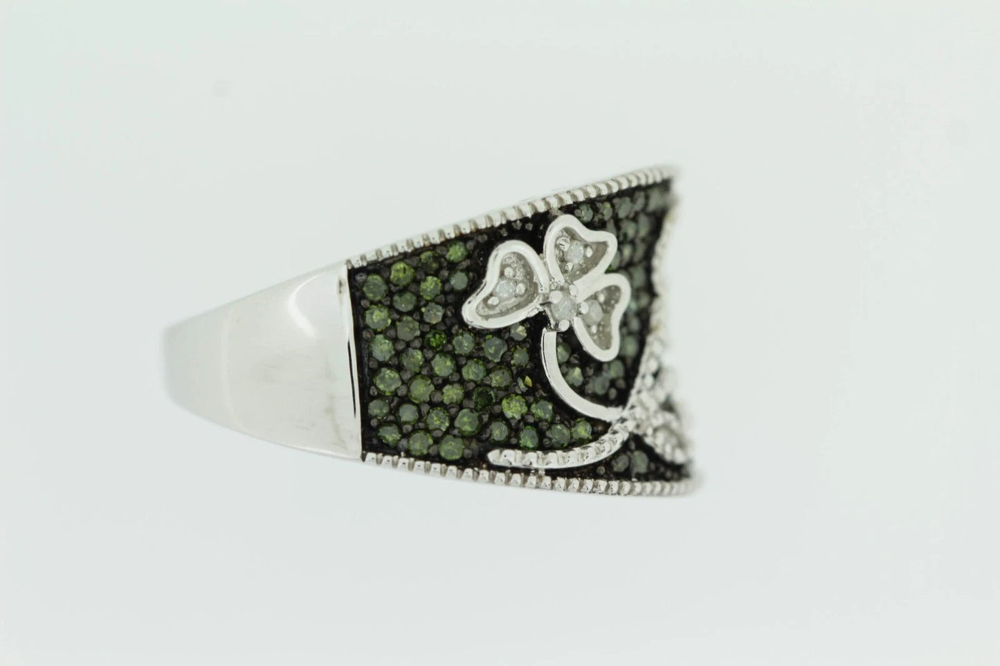 .925 Sterling Silver / Green And White Diamond Ring