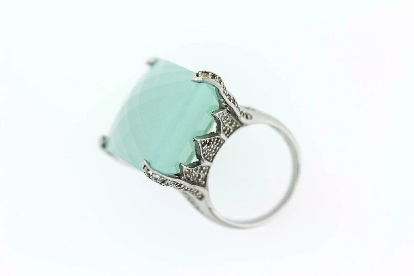 925 Aqua Chalcedony - White Topaz Ring -43DOT50 cts
